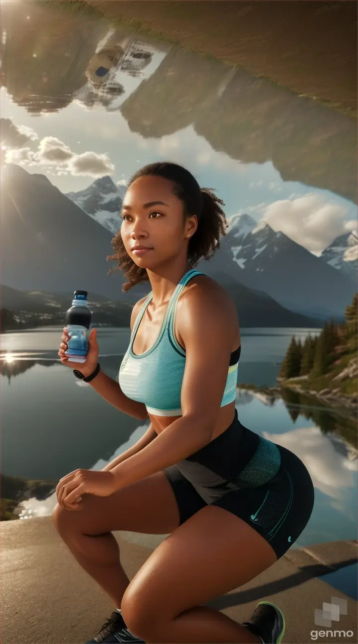 woman exercising in nature, watch next to her, ambient light, 1 bottle of water, mountain view, ultra realistic detail