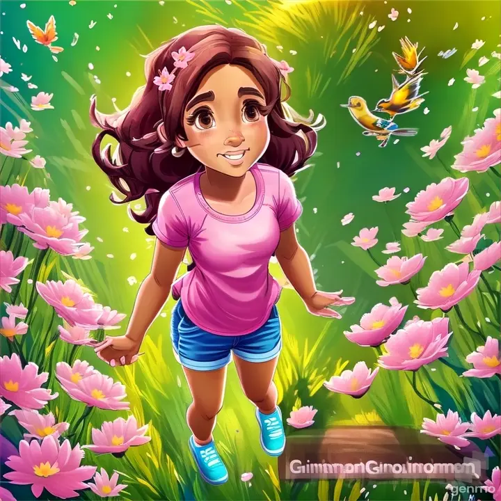 a girl standing in a field of pink flowers