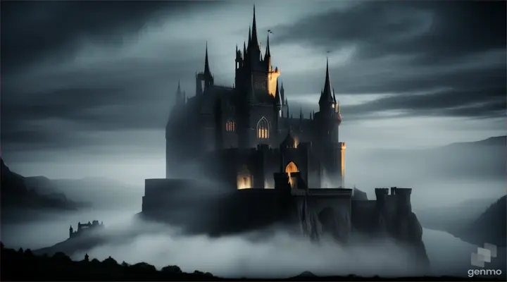 Image of a dark and ominous castle shrouded in mist, with bats flying around it]