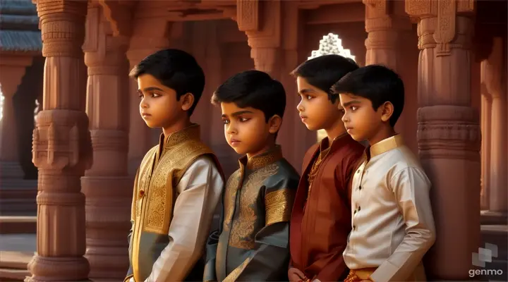 a group of young boys standing next to each other and whispering, old hindu style 16:9 ratio