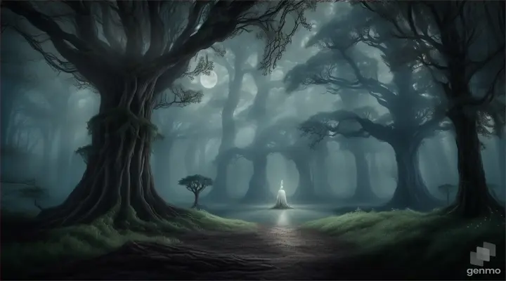 Ghost bound to tree with rope in a shimmering moonlit forest, surrounded by magical flora