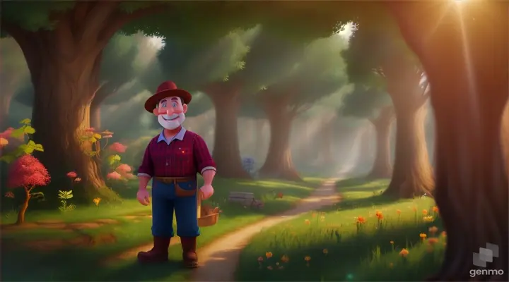 /imagine prompt: 3D animation, personality: [Illustrate Uplifting Cartoon characters engaging in fun activities the farmer refusing the woodcutter's request, with a skeptical expression on his face. It should feel otherworldly and magical.] unreal engine, hyper real --q 2 --v 5.2 --ar 16:9