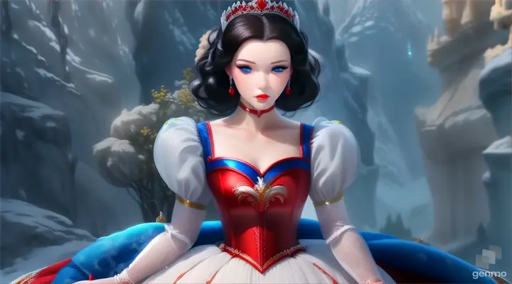 a princess snow white with prominent  blue eyes in a red and white dress with a tiara