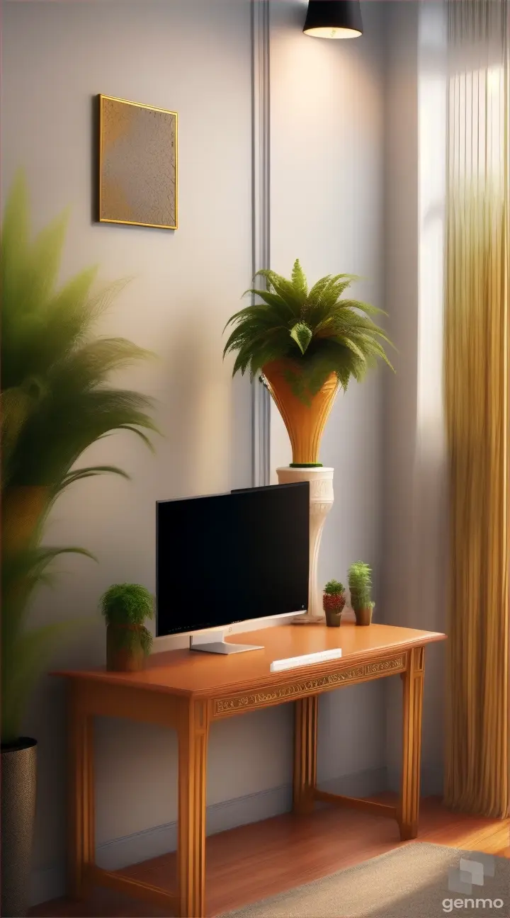 In living room, there is a  desk decorate with Artificial plants & flowers