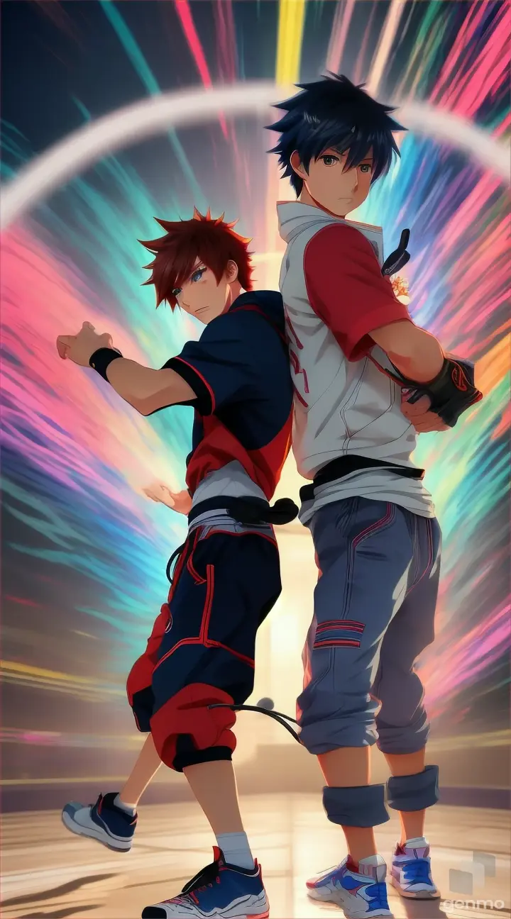 One anime boy standing and another anime boy shaking on the power cord