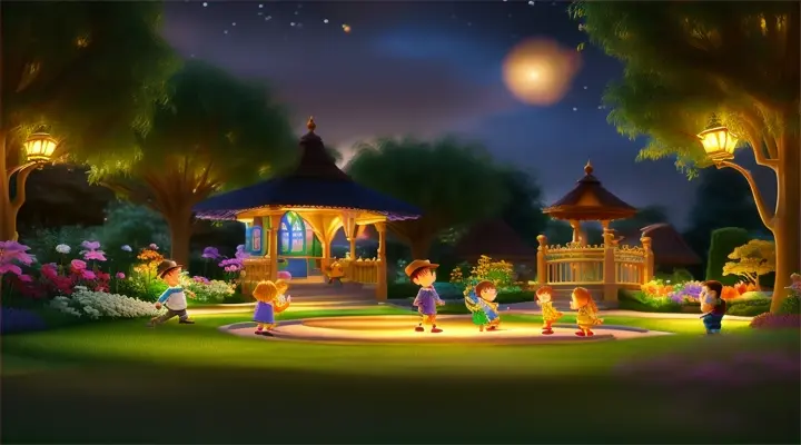 3d Pixar animation of children playing in a garden at night with golden lights in the garden