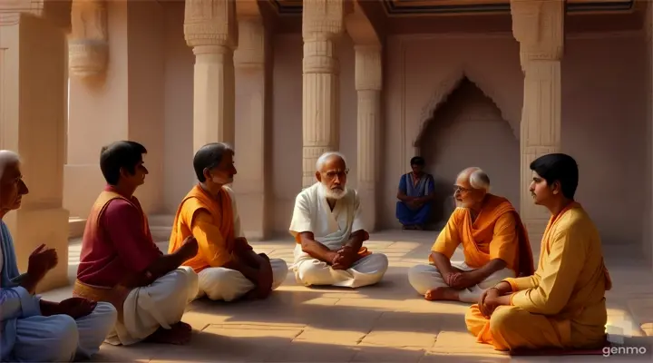 A hindu old celibate is talking to his young 10-12years old disciples 16:9 ratio, full view 