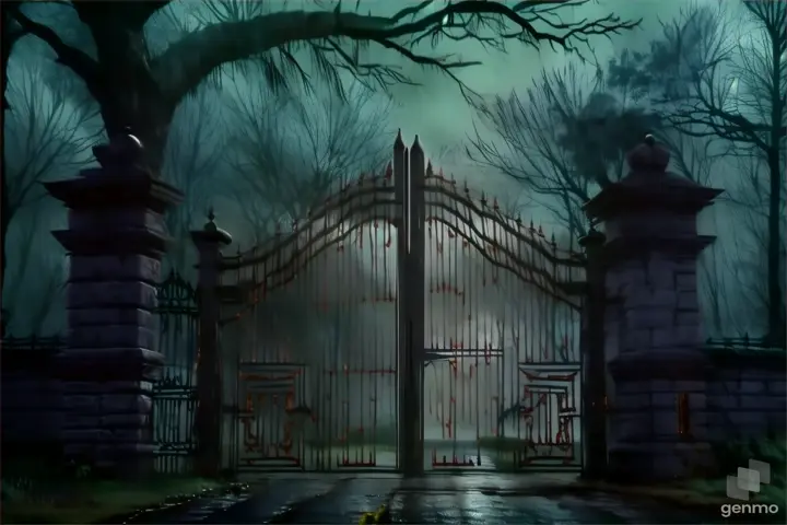 The camera slowly zooms in on the mist-covered gates of Willow Manor, eerie music heightening the tension.