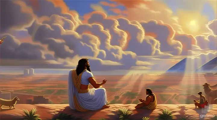 a painting of a person sitting on a rock