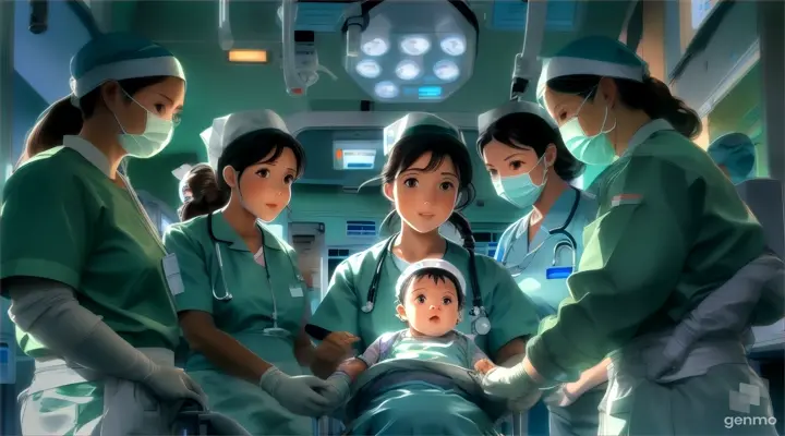 a group of nurses standing around a baby in a hospital