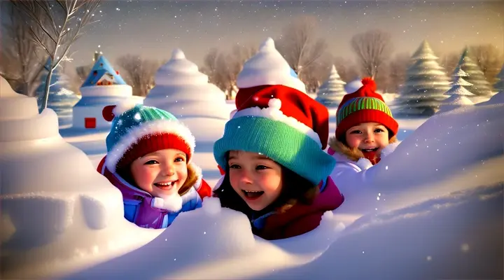 kids with Grab and coat, hat, for Snowflakes, building an imaginative snow fort with magical snowflakes gently falling around them, Pixar 3