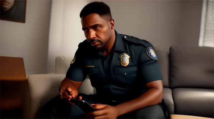 dolly in, black man, police officer, 35 years old, robust, very short hair, sitting on the living room sofa, talking sadly on the cell phone, hyper realistic, Brazil