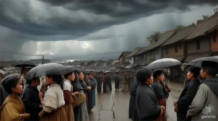 Gaon mein badhta khauf: Image of villagers gathered together, whispering fearfully amongst themselves with worried expressions.

