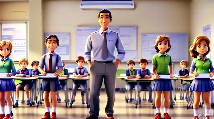 a man walking slowly and slowly moving heads right and left sides in front of a classroom full of children. A man talking by moving mouth slightly. All moving hands slowly looking the man and smiling slightly. All looking fantastic. Sunshine entering the room. 