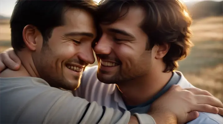A man smiling gratefully as he receives a warm embrace from a friend, appreciating the support in tough times.