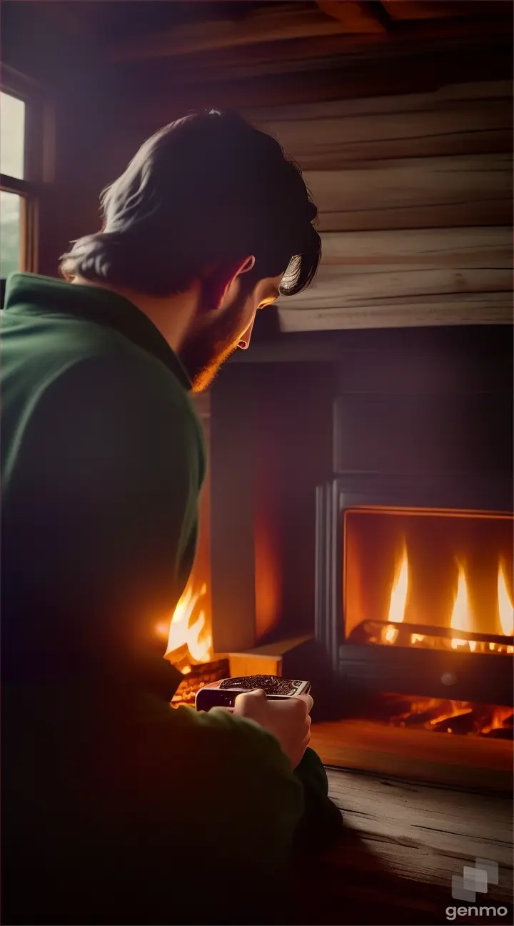 
Man with dark green shirt and woman with dark purple dress sitting next to each other in front of fire in old cabin. View from behind