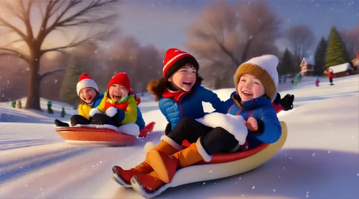 kids haply Sledding down hills, , Winter morning with fresh snowflakes falling, Pixar 3D