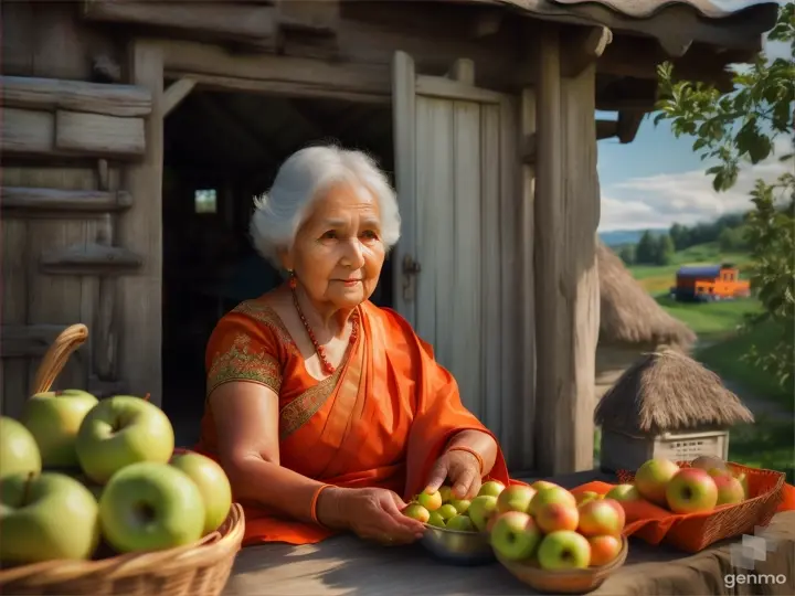 A old woman outfit orange saree harvest green apple in front Cottage