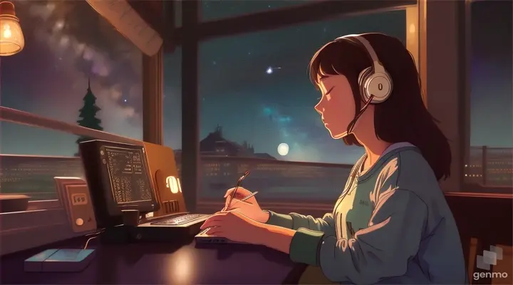 a girl wearing headphones, studying in the coffee shop, the starlight shying, listening to techno music, focusing the desk view, size 1280x720, in Studio Ghibli style