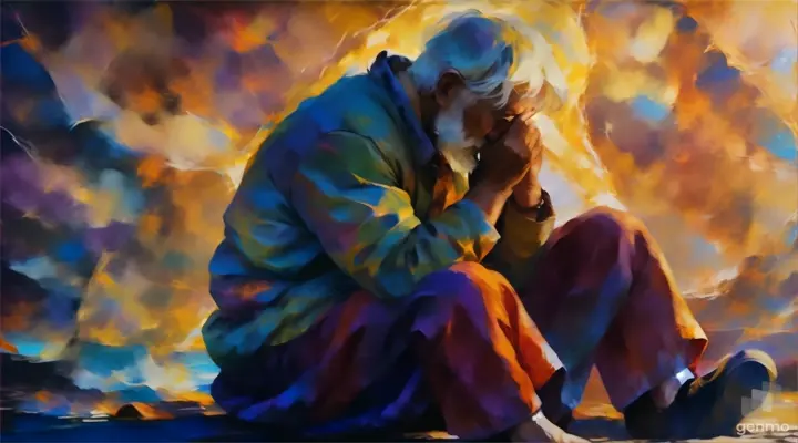 a painting of a man sitting on the ground