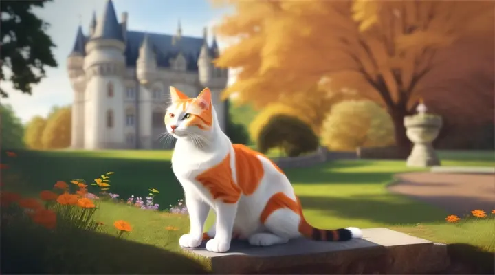 a cute orange and white cat in front the castle 