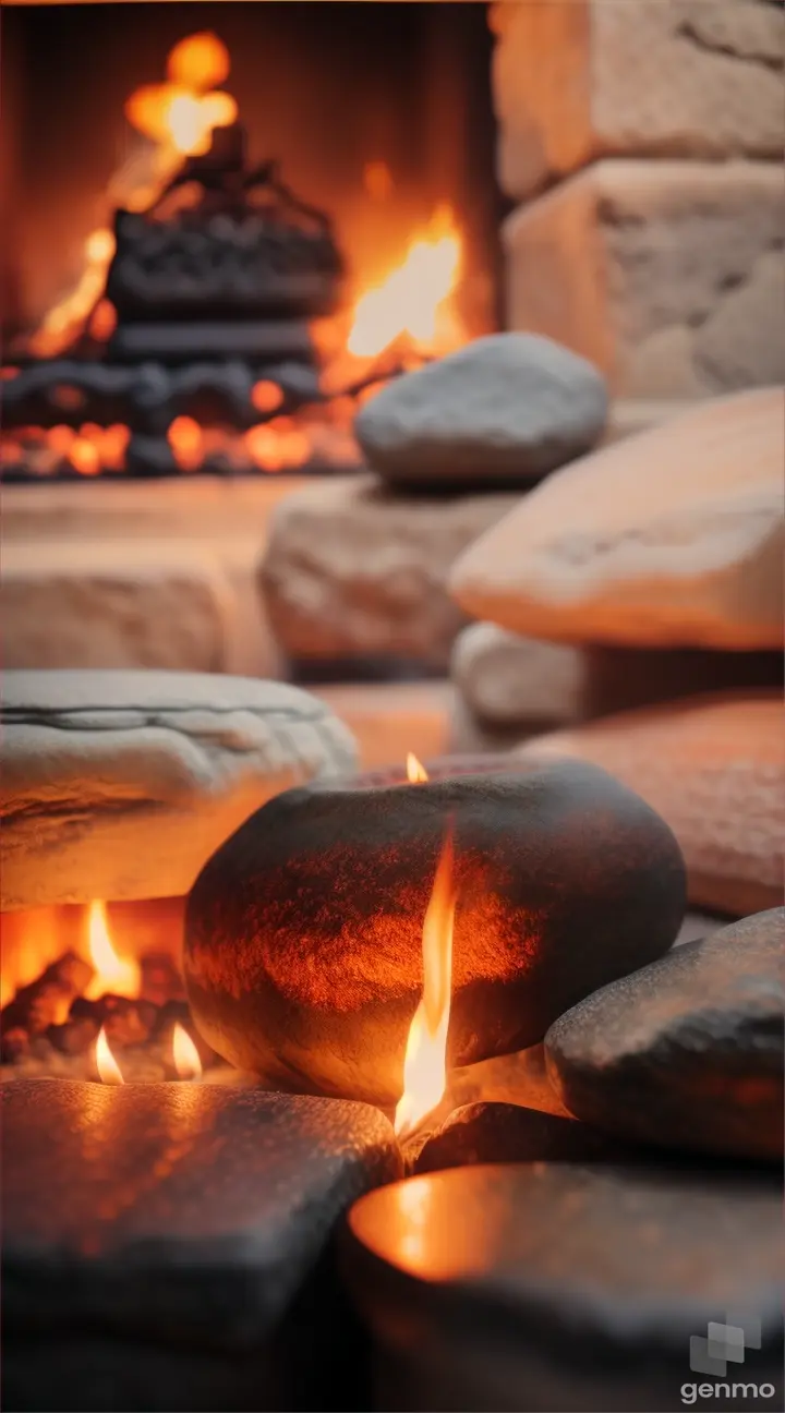 Flames painted onto stones around a fireplace 