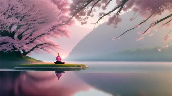 A meditator sits on a rock in a misty morning, surrounded by pink cherry blossoms and a soft color palette