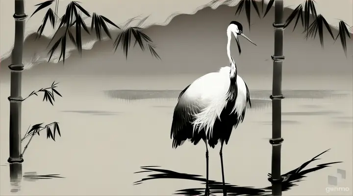 A dynamic ink wash painting of a crane perched on bamboo in a minimalist zen garden with expressive texture and bold strokes