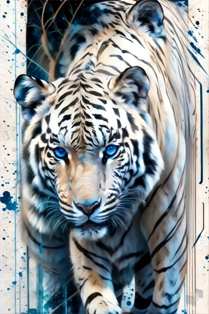 a painting of a white tiger with blue eyes