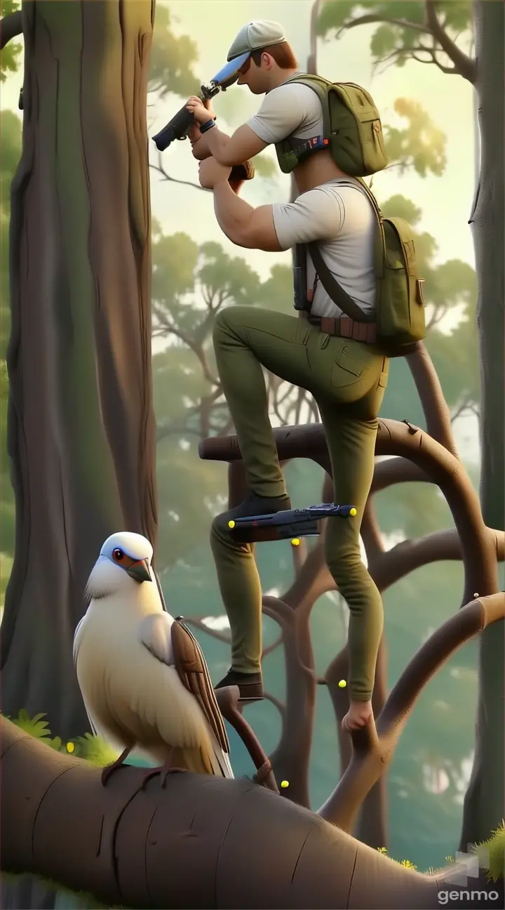 a bird sitting on a branch next to a man with a gun