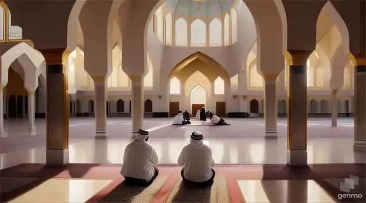 Black Muslims in white and gold clothing pray salat in a beautiful mosque, landscape video size, 