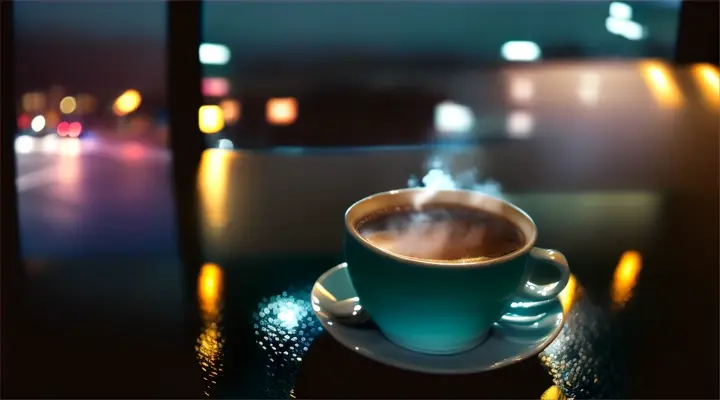 A rainy nighttime cityscape behind a cup of coffee, streetlights shimmering on wet pavement