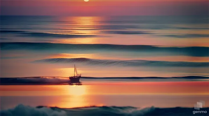 A serene ocean with a small boat sailing]