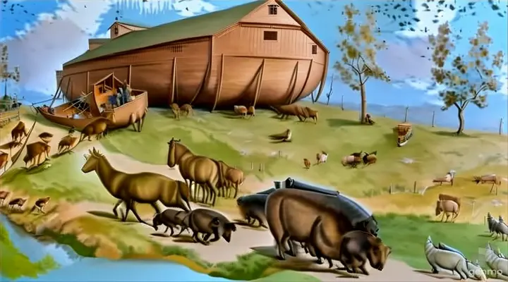 a painting of a group of animals and a boat