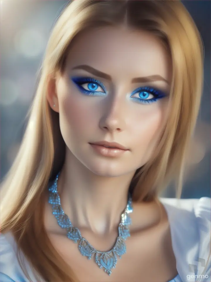 a woman with blue eyes and a neck chain