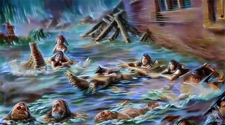 a painting of a group of people in a body of water