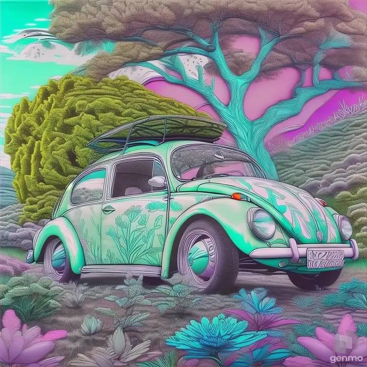 a painting of a vw bug parked in a field