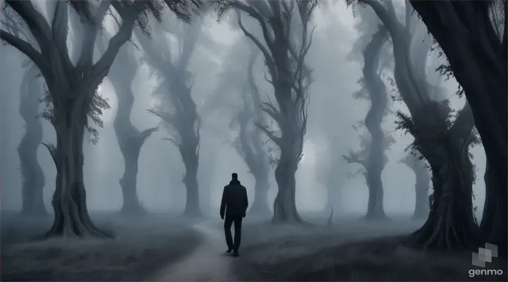Samir walks through a foggy, eerie forest of twisted trees with a ghostly white mansion in the distance