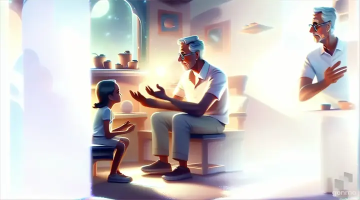 a man sitting next to a little girl in a living room