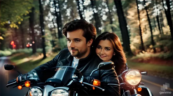 handsome husband Justin beautiful wife Alina with 6month kid going through a dense forest at midnight by his moter cycle