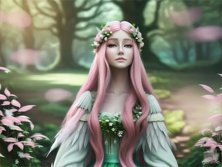 A beautiful goddess with long pink hair wearing a white feather coat standing in lush green woodland. Landscape