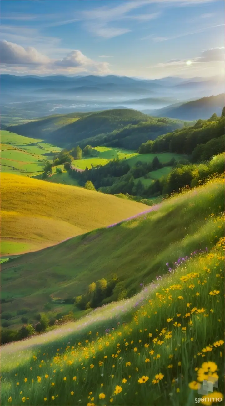 A serene summer day capturing the essence of nature's beauty, sunlight dapples the slopes of lush green hills, golden rays filter through an occasional breeze stirring the verdant foliage, isolated wildflowers sprinkled throughout the meadow adding splashes of vibrant color, distant mountains visible on the horizon beneath a soft blue sky, natural light, ultra clear, golden ratio, digital rendering. 8k 9/16