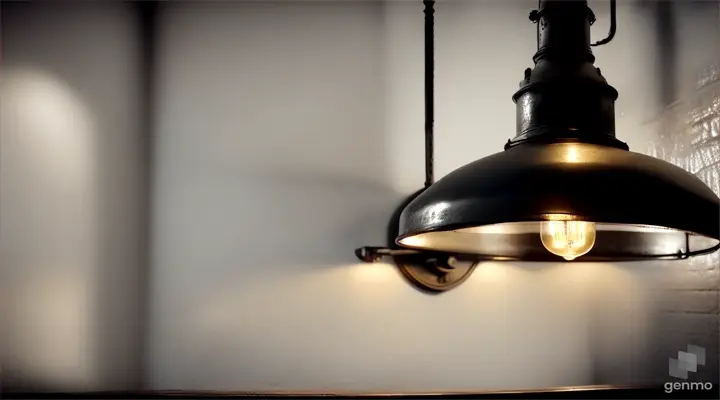 A Lonely Old-fashioned charming industrial lamp hangs from the ceiling in an industrial kitchen 19th century, The background is white tiles on the walls, Black white sepia