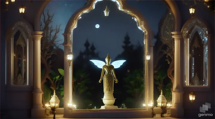Samir outdoors, standing before an ornate mirror reflecting the moonlit garden beyond, an otherworldly figure nearby