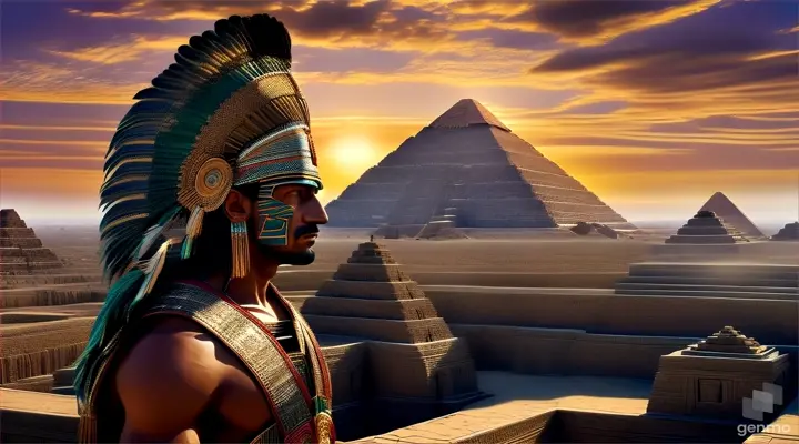 a man wearing a headdress standing in front of a pyramid