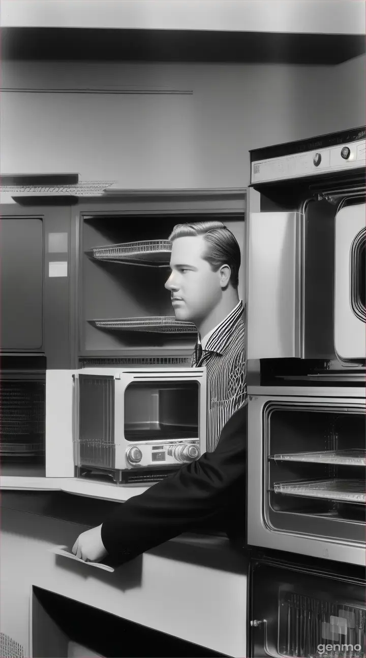 A historical photograph or drawing of Percy Spencer presenting his idea for the metal box using microwaves to heat food to his colleagues or supervisors at American Appliance Company (Raytheon).