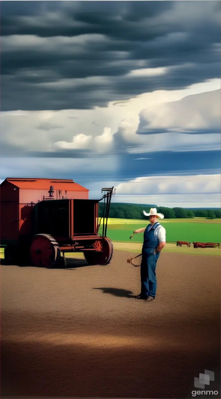 An artistic depiction of Henry Ruschmann working on the cattle ranch in Bernardsville, New Jersey, with a machine in the background crunching plastic scraps into tiny pieces.