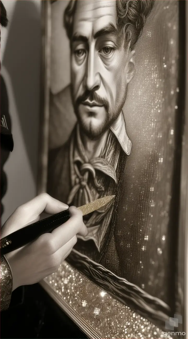 A historical photograph or illustration of Henry Ruschmann examining the newly created glitter and realizing its potential as a decorative material.