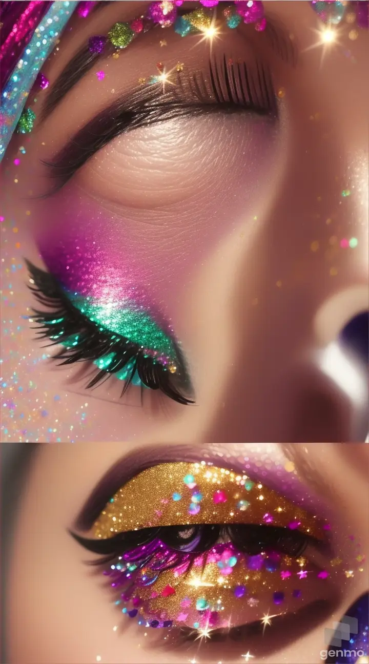 A series of images showcasing different applications of glitter, including in cosmetics, nail art, party decorations, and arts and crafts projects.
