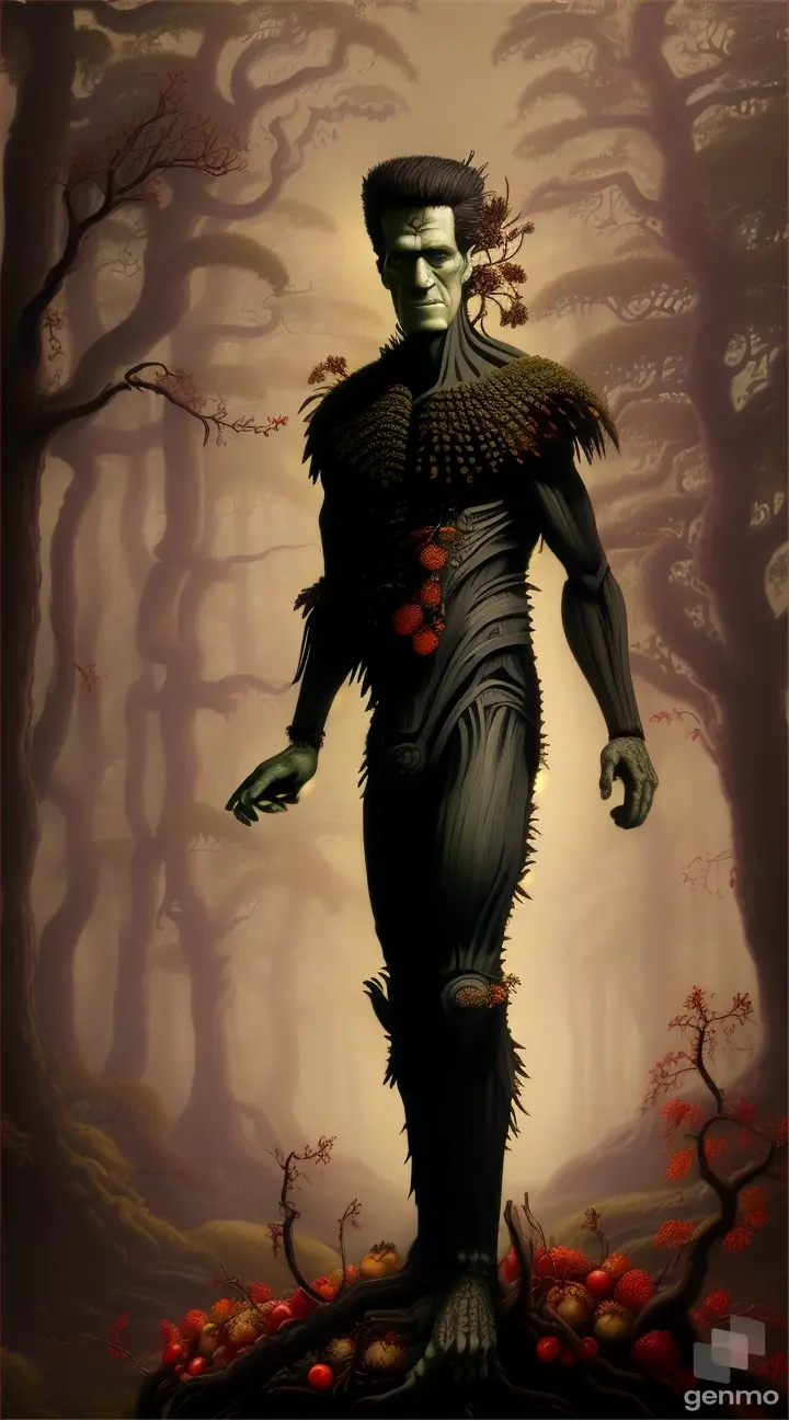 An artistic depiction of Frankenstein's Creature standing in a forest surrounded by acorns and berries, symbolizing its vegetarian diet.